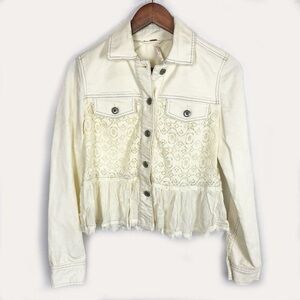 Free People Women’s Mixed Media Denim Lace Jean Jacket. Ivory Cream Color sz 8